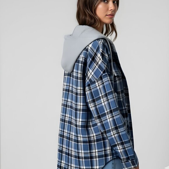 Blue Plaid Shacket with Drawstring Hoodie - Picture 2 of 7